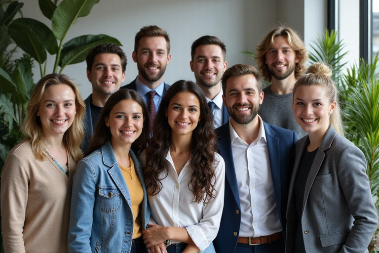 A diverse group of smiling professionals in a modern, plant-filled office, symbolizing a passionate and collaborative team.