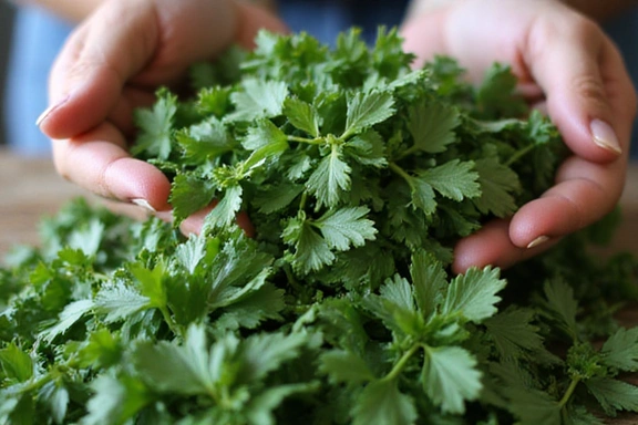 A close-up of fresh, vibrant green herbs being carefully sorted, with gentle hands in the background, symbolizing ethical sourcing and natural ingredients.