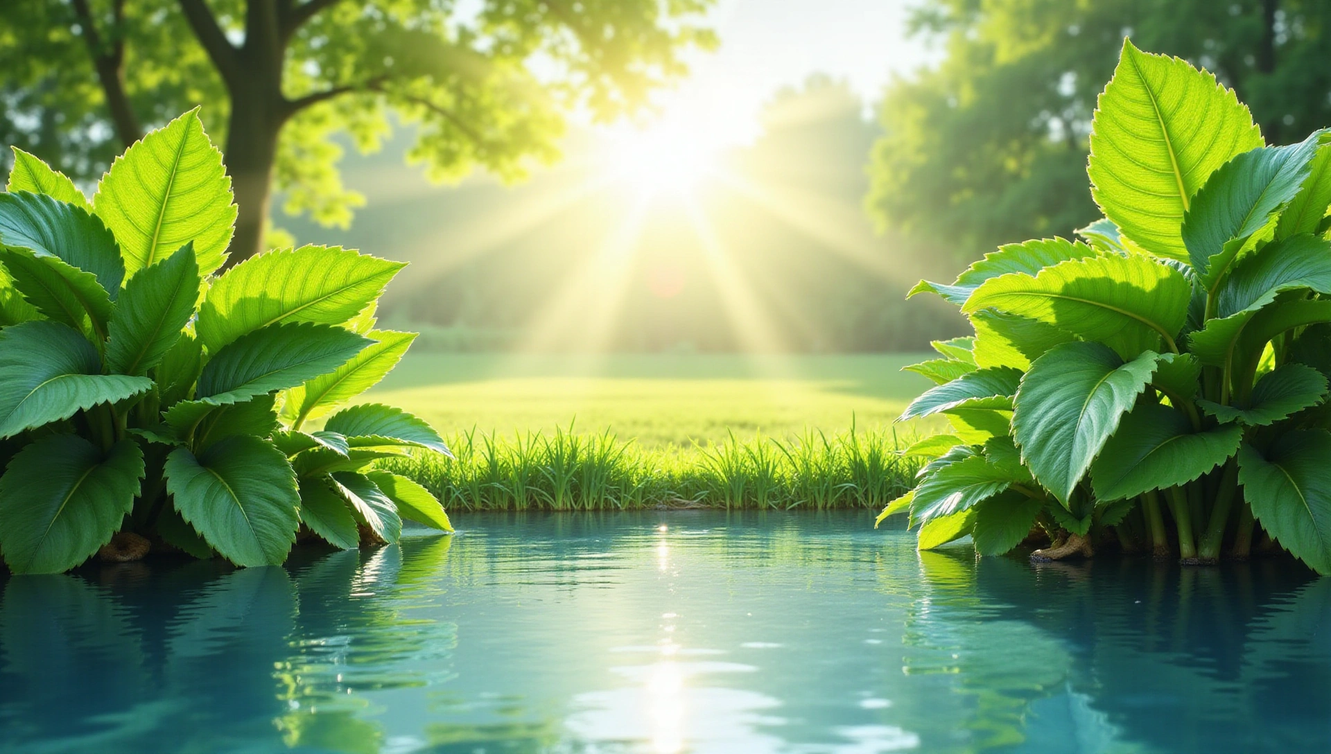 Lush green leaves and clear water conveying health and purity