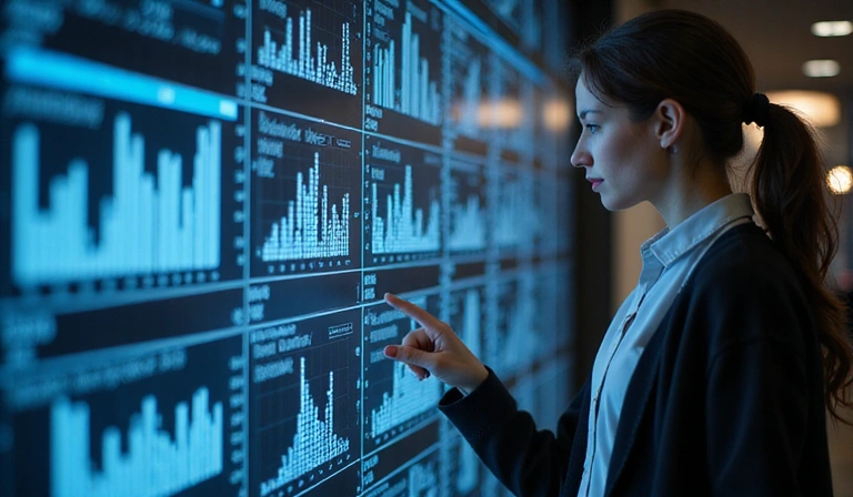 A person interacting with a user interface, surrounded by data points and analytics graphs, symbolizing data usage for personalization and improvement.